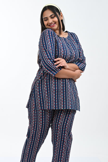 Dark Navy Cotton Printed Pyjama Set