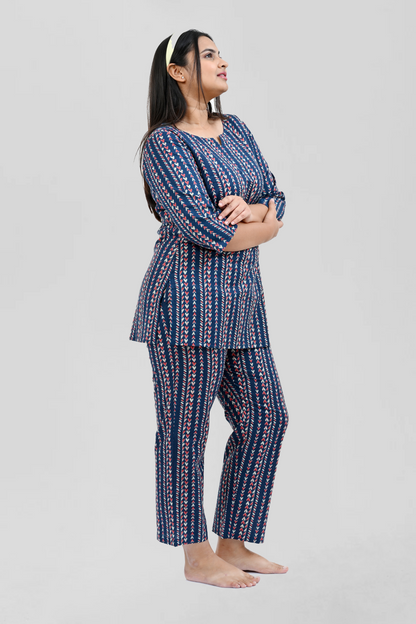 Dark Navy Cotton Printed Pyjama Set