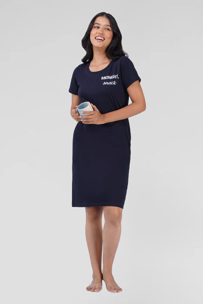 Dark Navy Cotton Printed T-Shirt Nightdress