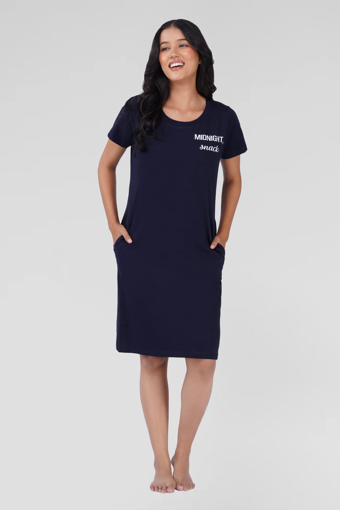 Dark Navy Cotton Printed T-Shirt Nightdress