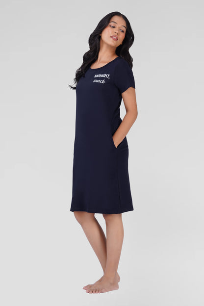 Dark Navy Cotton Printed T-Shirt Nightdress