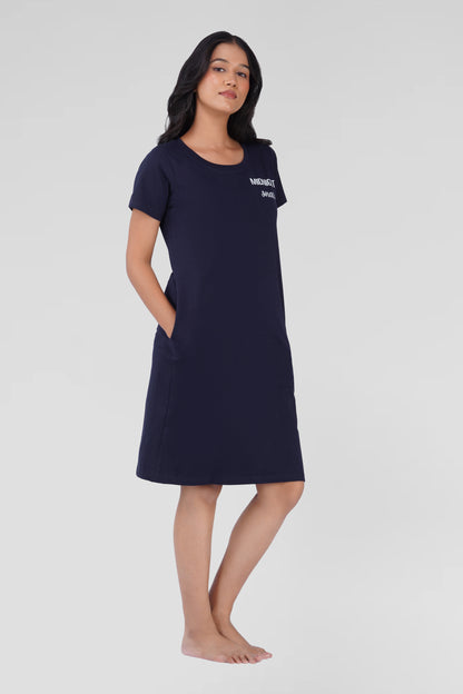 Dark Navy Cotton Printed T-Shirt Nightdress
