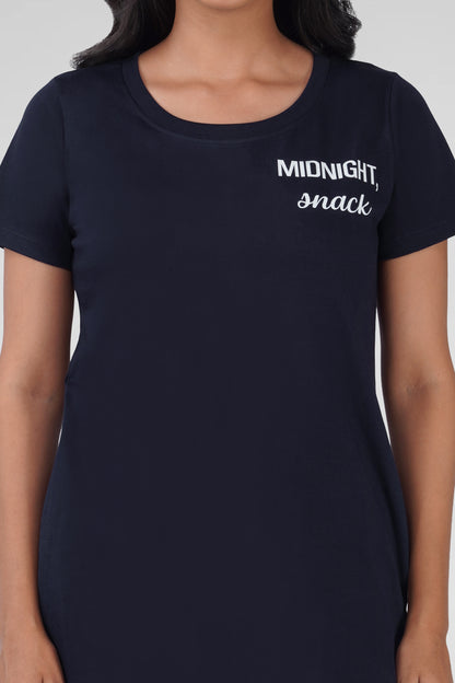 Dark Navy Cotton Printed T-Shirt Nightdress