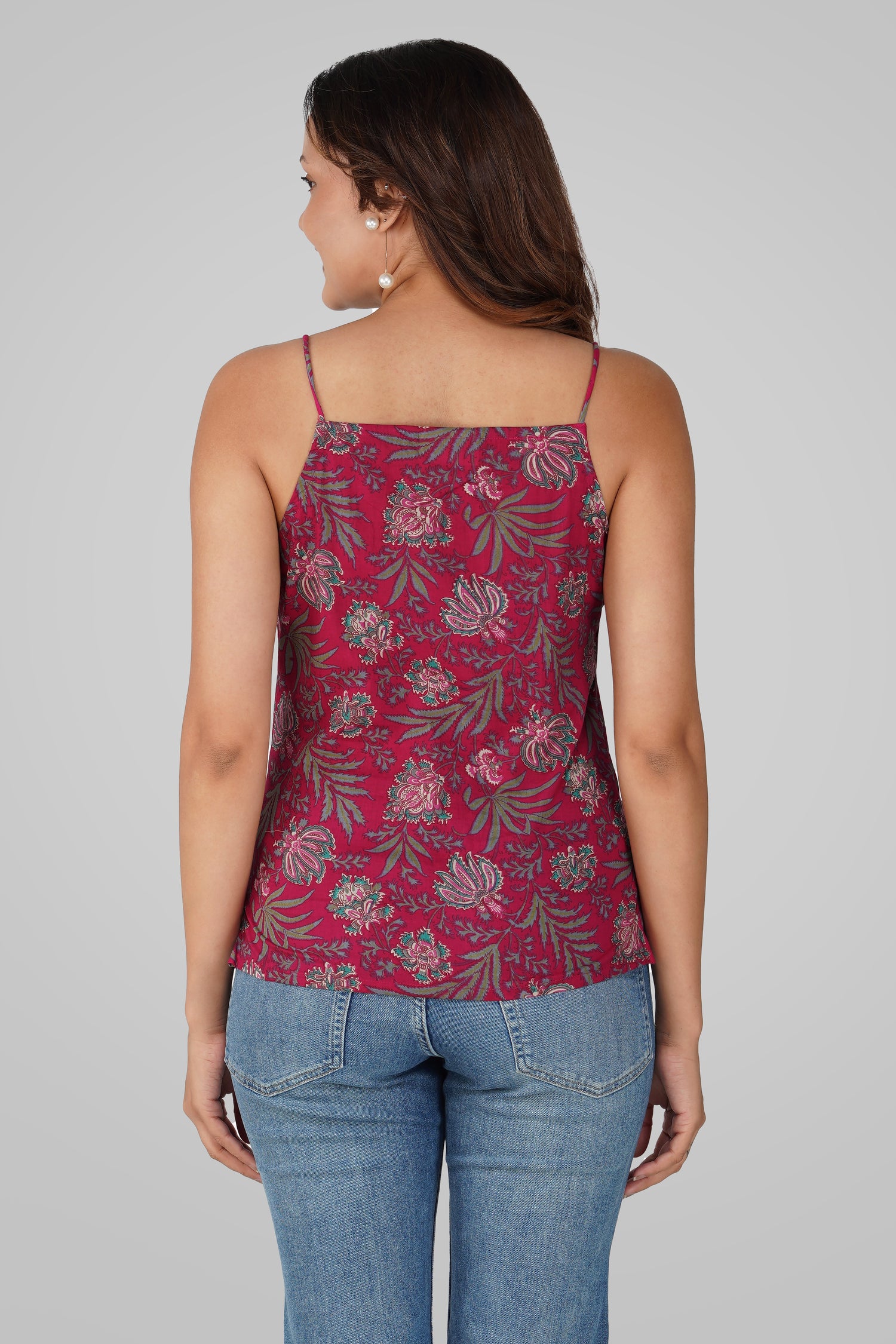 Dark Pink Cotton Printed Strap Top
