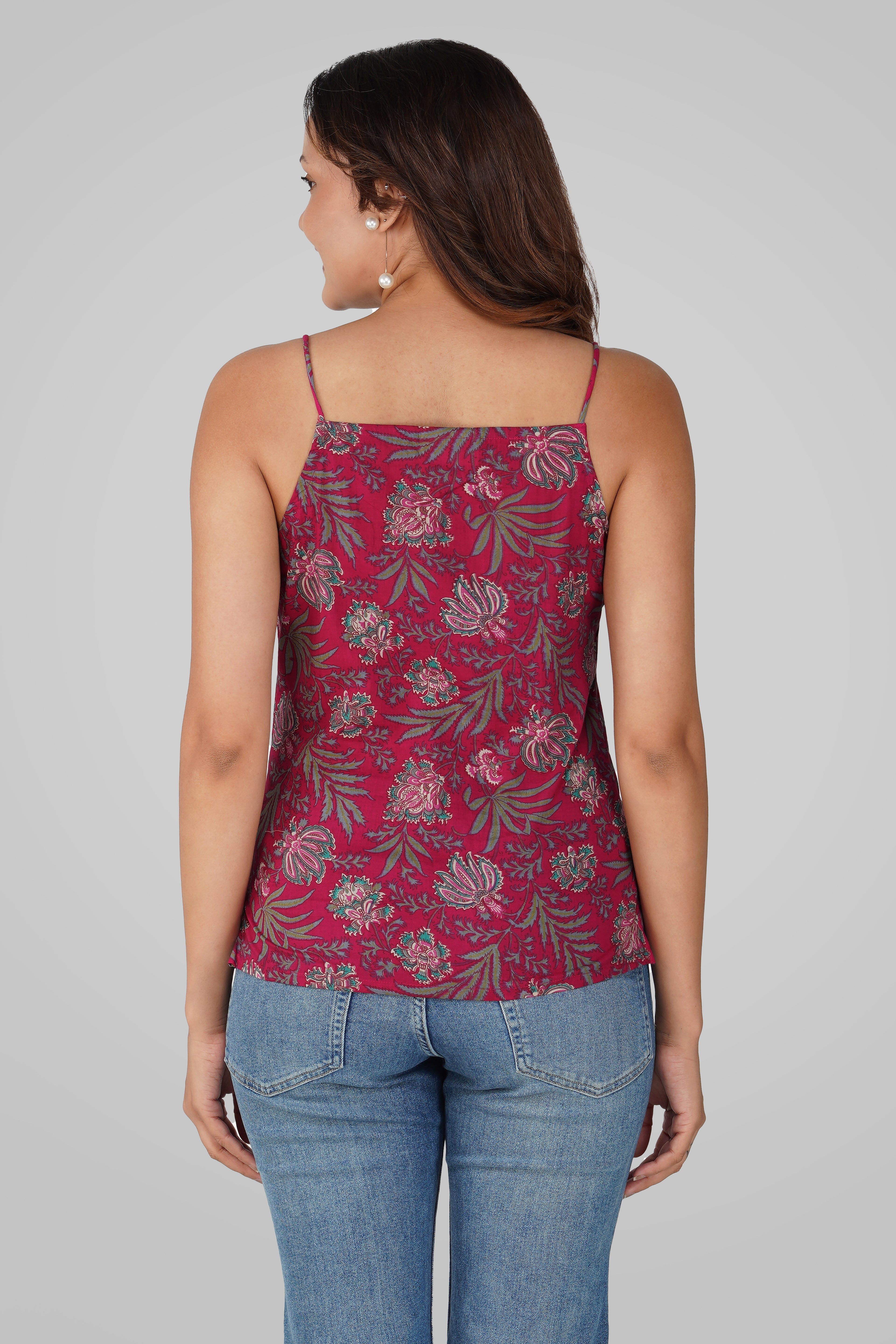 Dark Pink Cotton Printed Strap Top