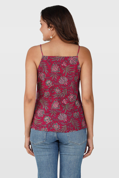 Dark Pink Cotton Printed Strap Top
