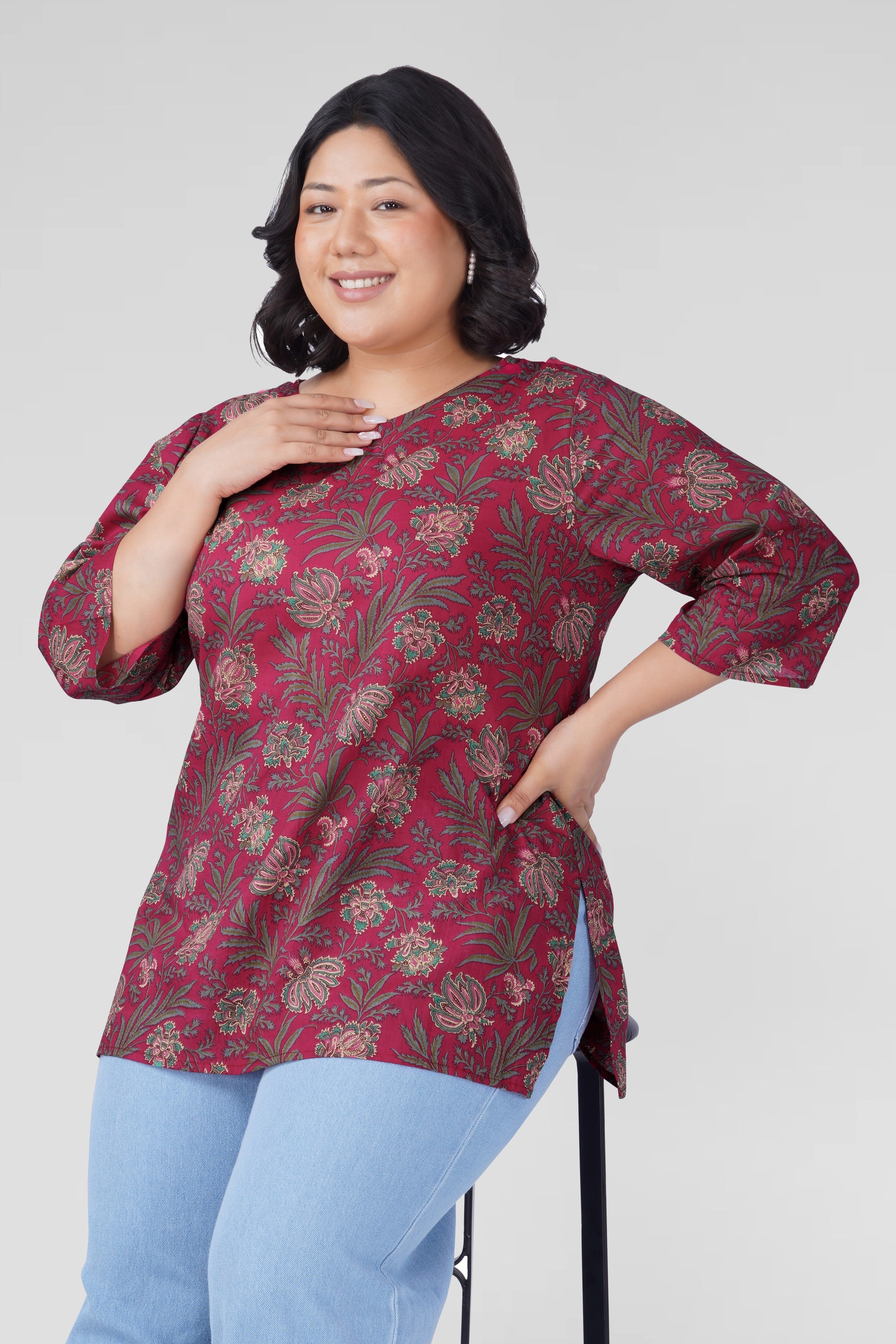 Dark Pink Plus Size Cotton Printed Kurti