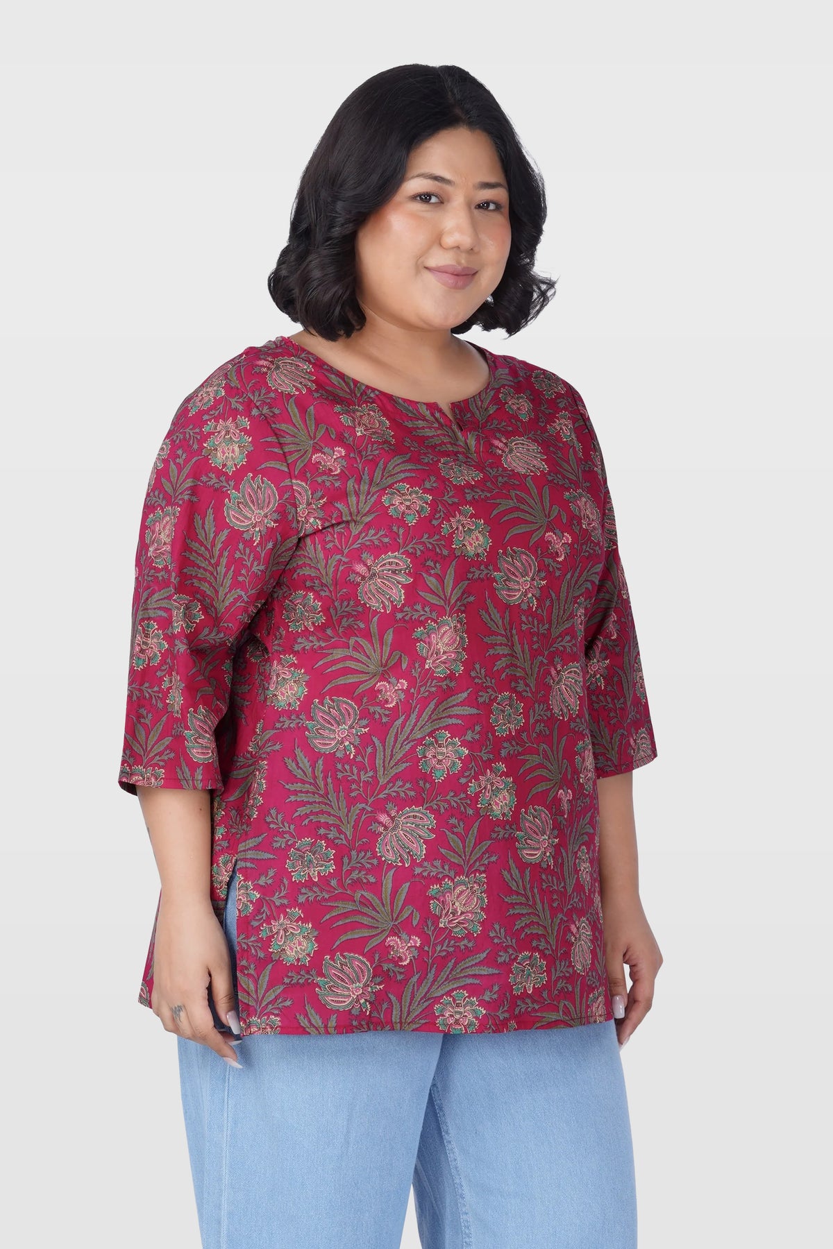 Dark Pink Plus Size Cotton Printed Kurti