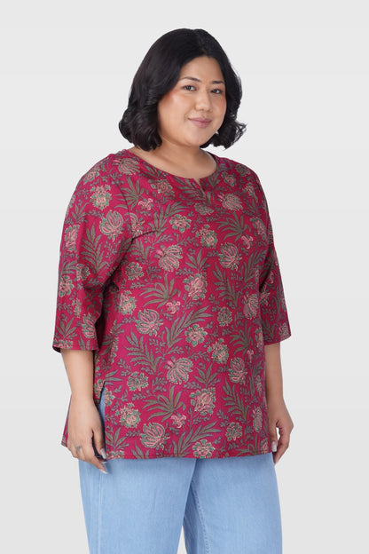 Dark Pink Plus Size Cotton Printed Kurti