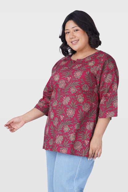 Dark Pink Plus Size Cotton Printed Kurti