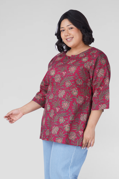 Dark Pink Plus Size Cotton Printed Kurti