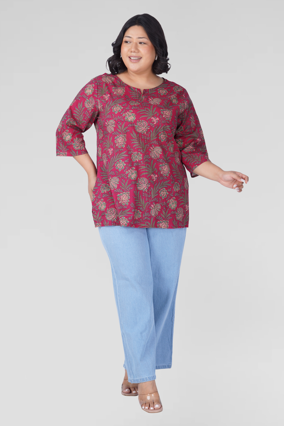 Dark Pink Plus Size Cotton Printed Kurti