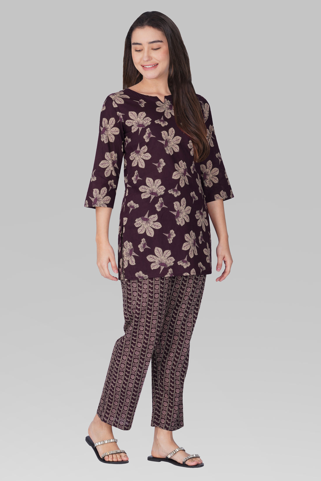 Dark Purple Cotton Printed Pyjama Set