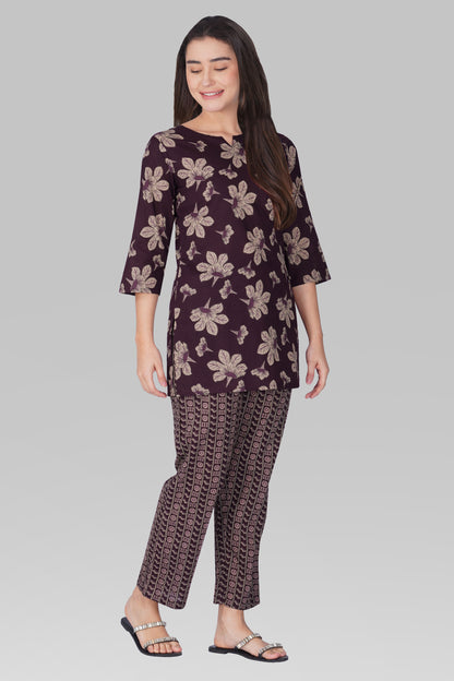 Dark Purple Cotton Printed Pyjama Set