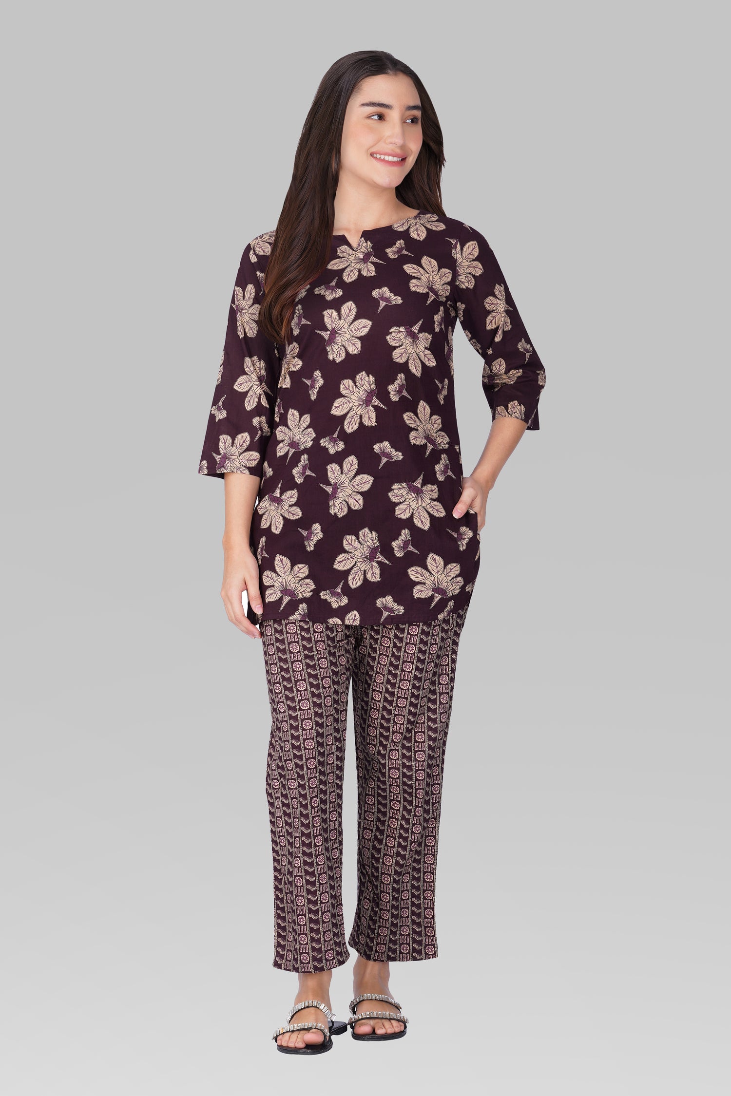 Dark Purple Cotton Printed Pyjama Set