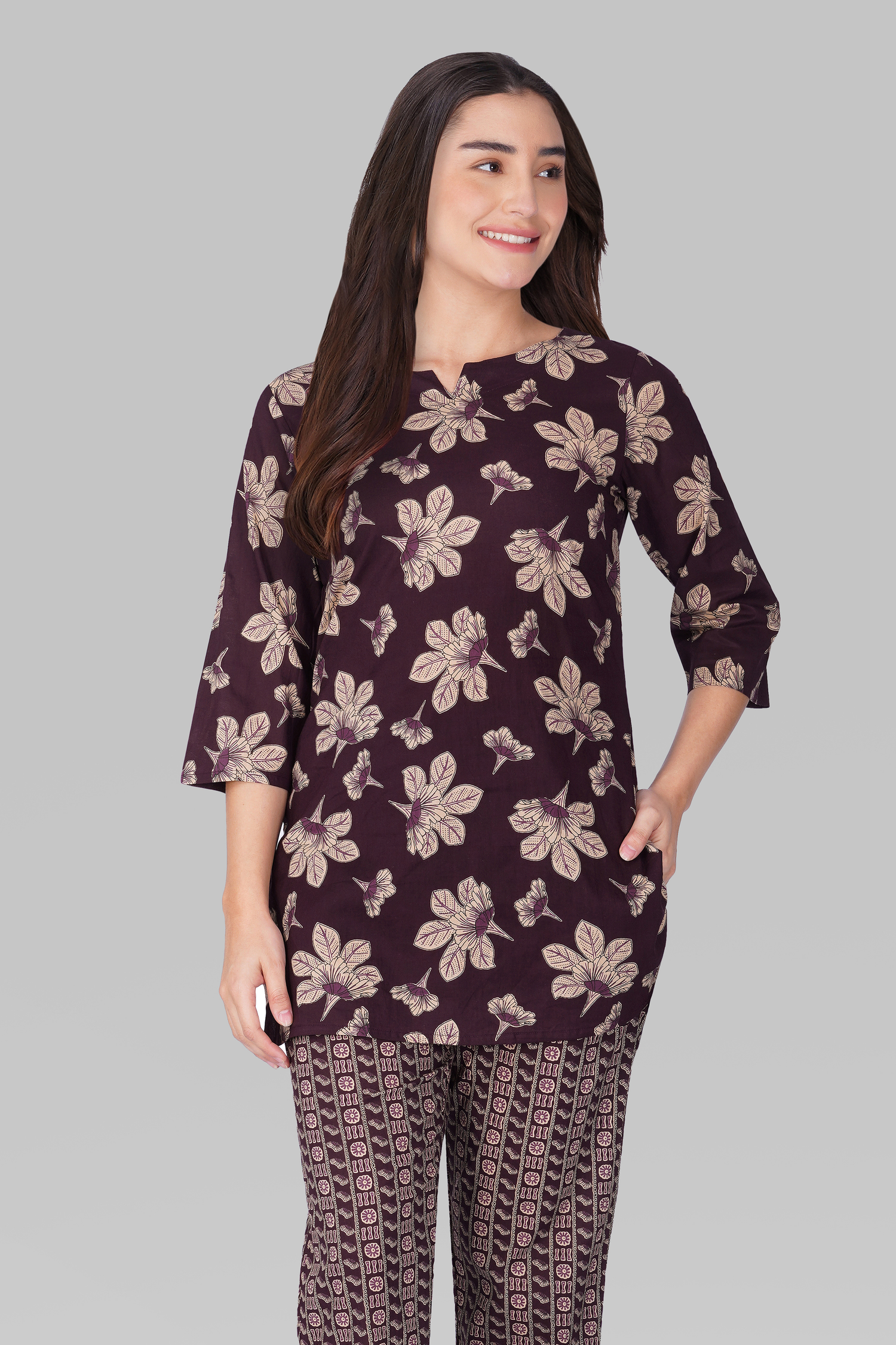 Dark Purple Cotton Printed Pyjama Set