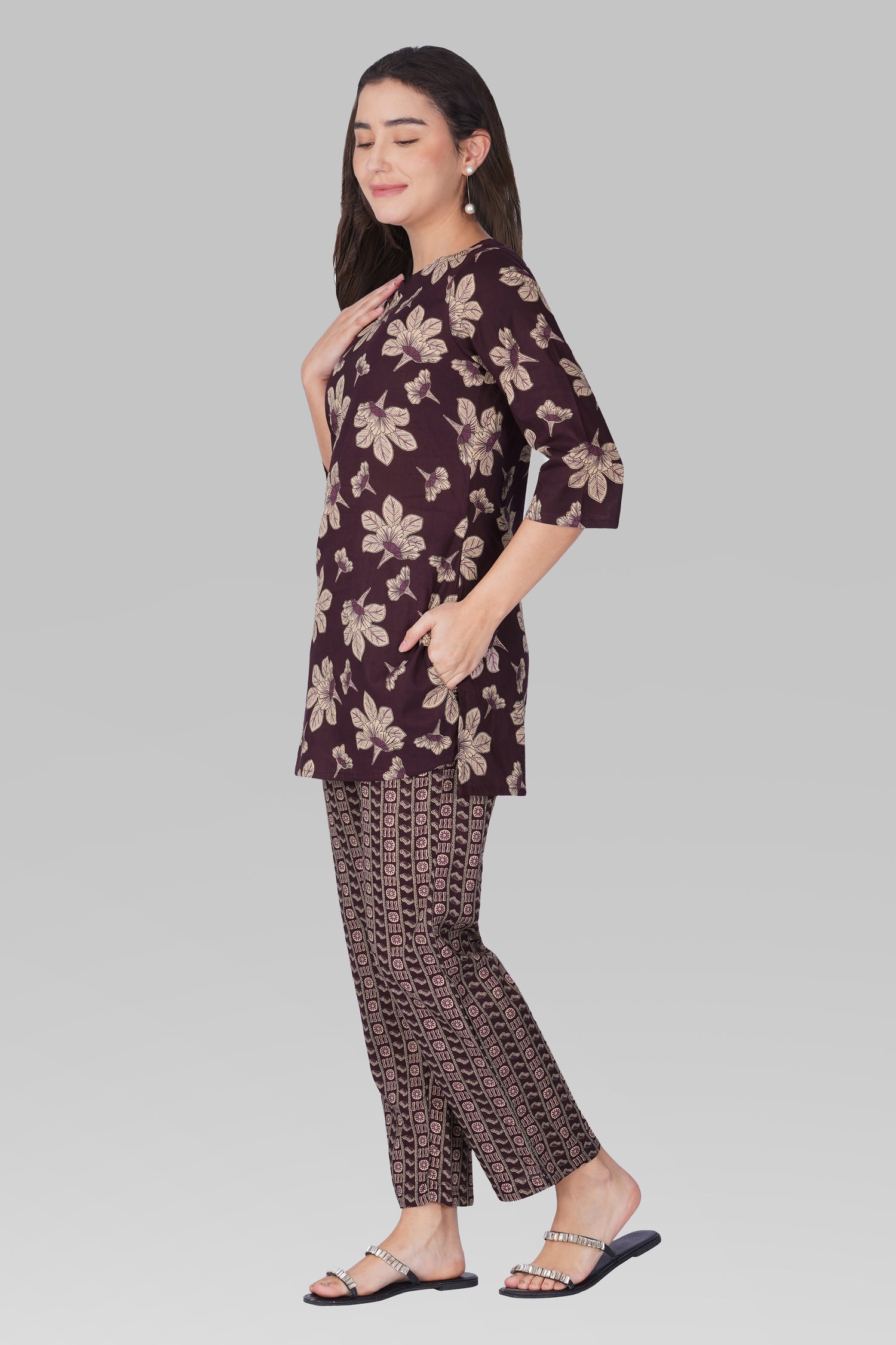 Dark Purple Cotton Printed Pyjama Set