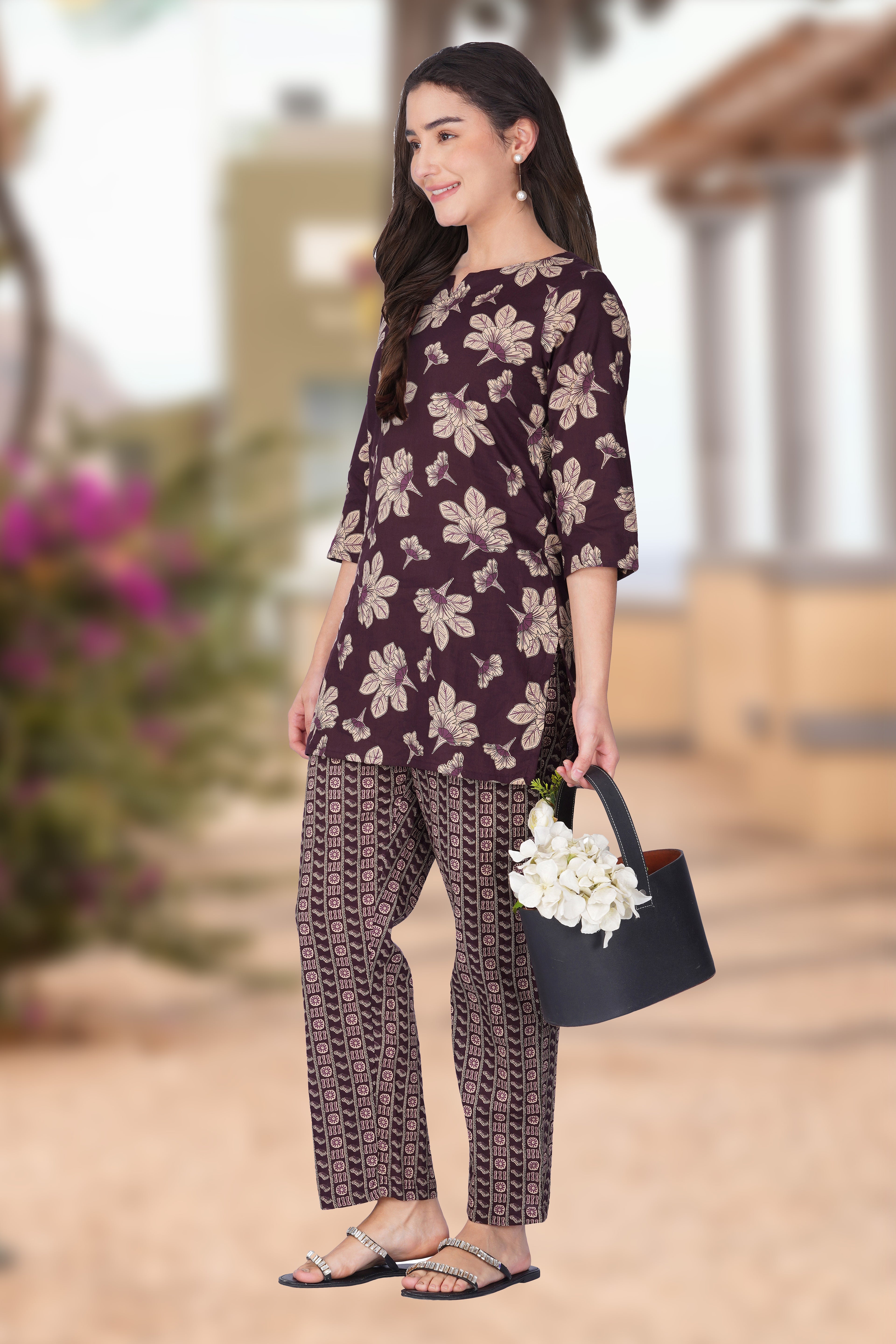 Dark Purple Cotton Printed Pyjama Set