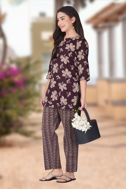 Dark Purple Cotton Printed Pyjama Set