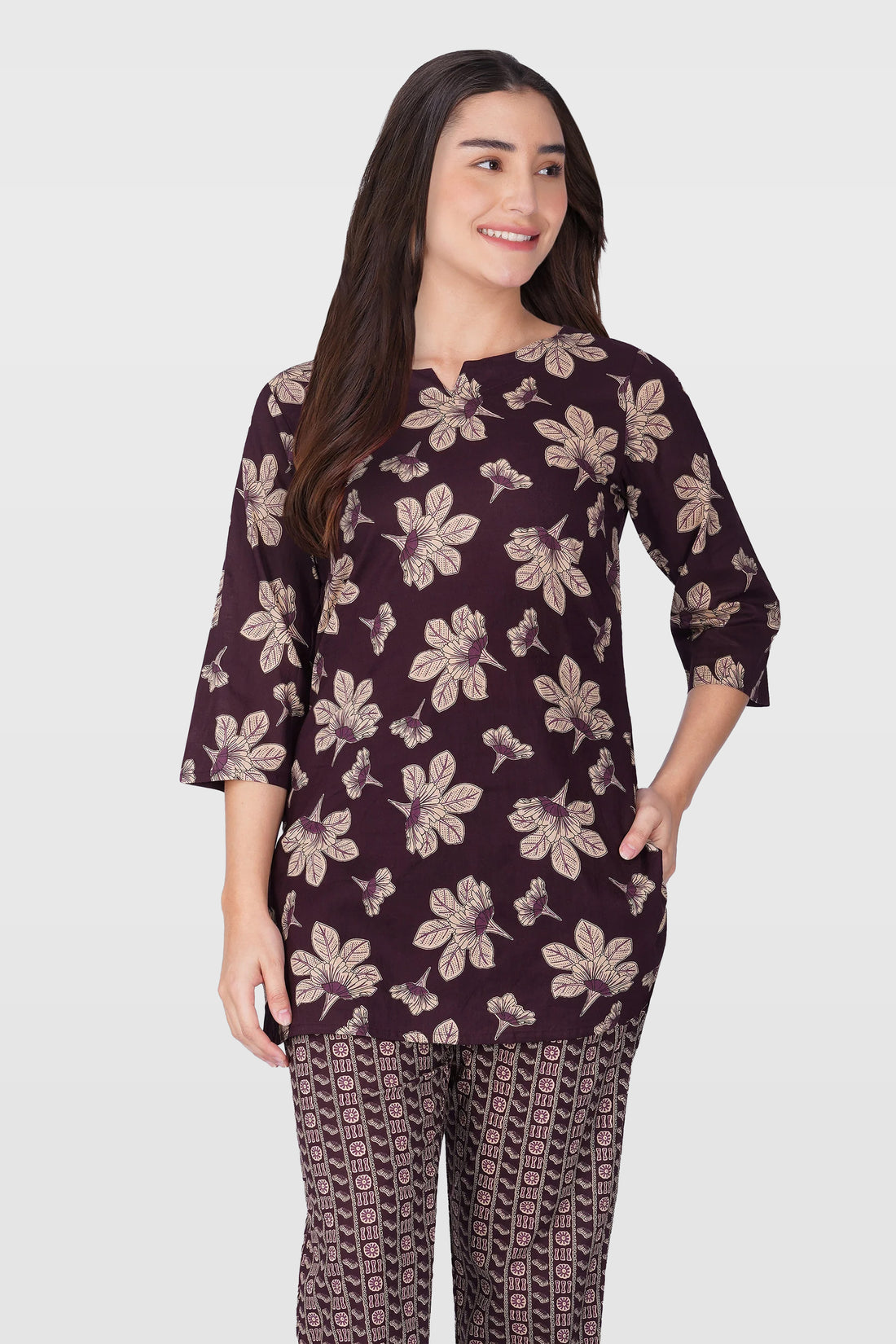 Dark Purple Cotton Printed Pyjama Set