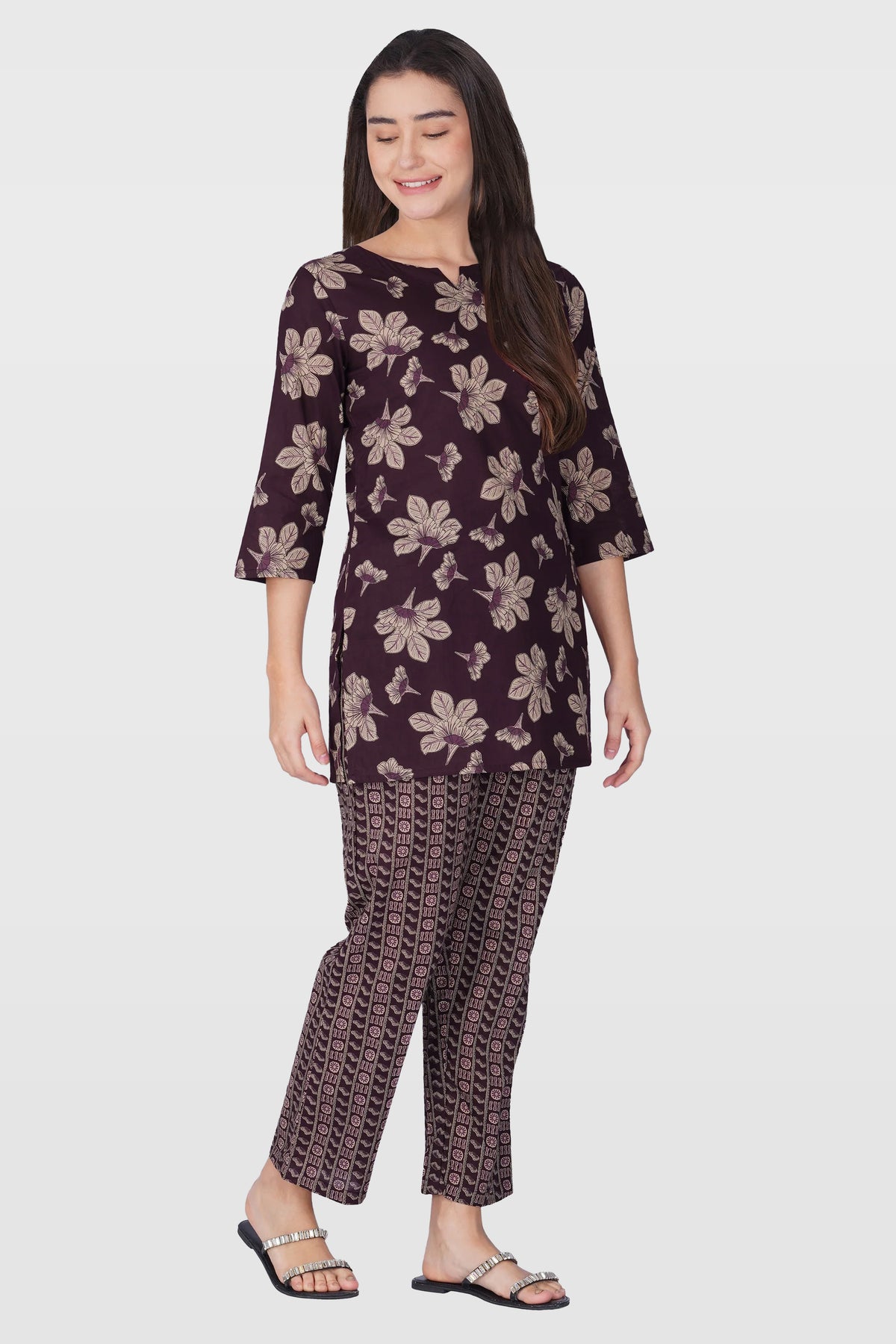 Dark Purple Cotton Printed Pyjama Set