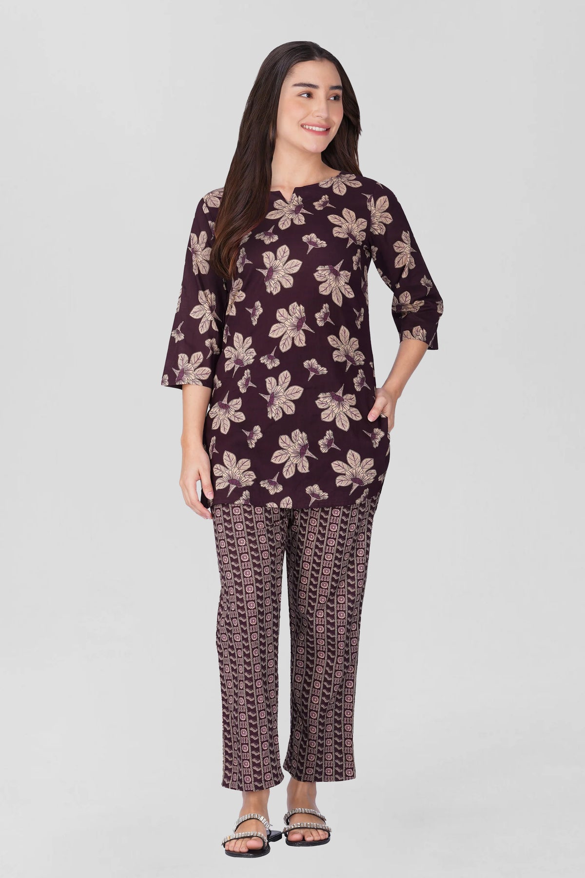 Dark Purple Cotton Printed Pyjama Set