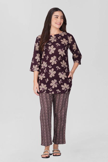 Dark Purple Cotton Printed Pyjama Set