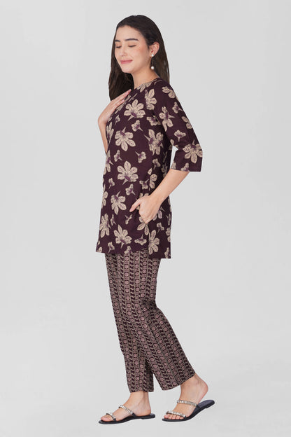Dark Purple Cotton Printed Pyjama Set