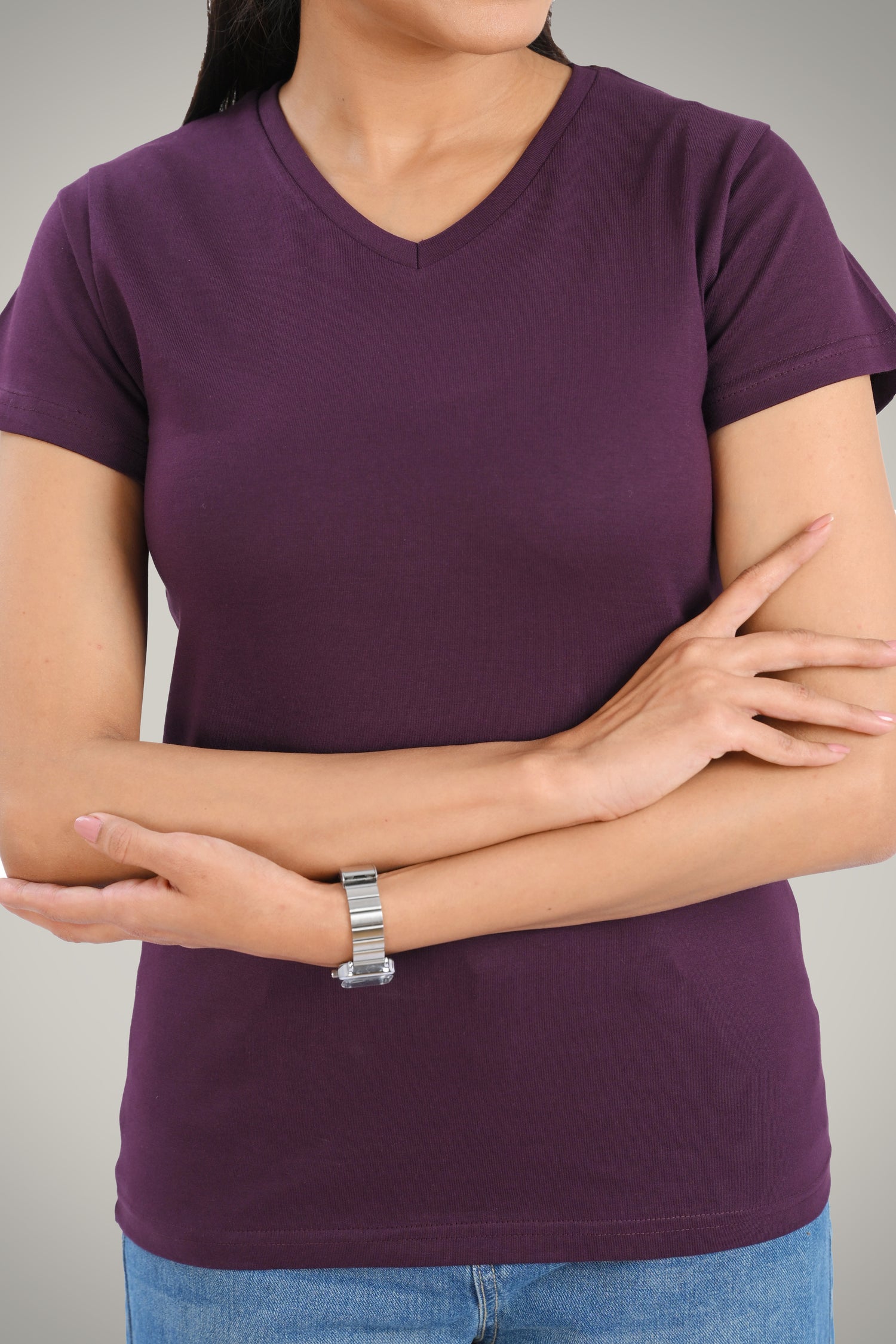 Dark Purple Cotton V Neck T-Shirt