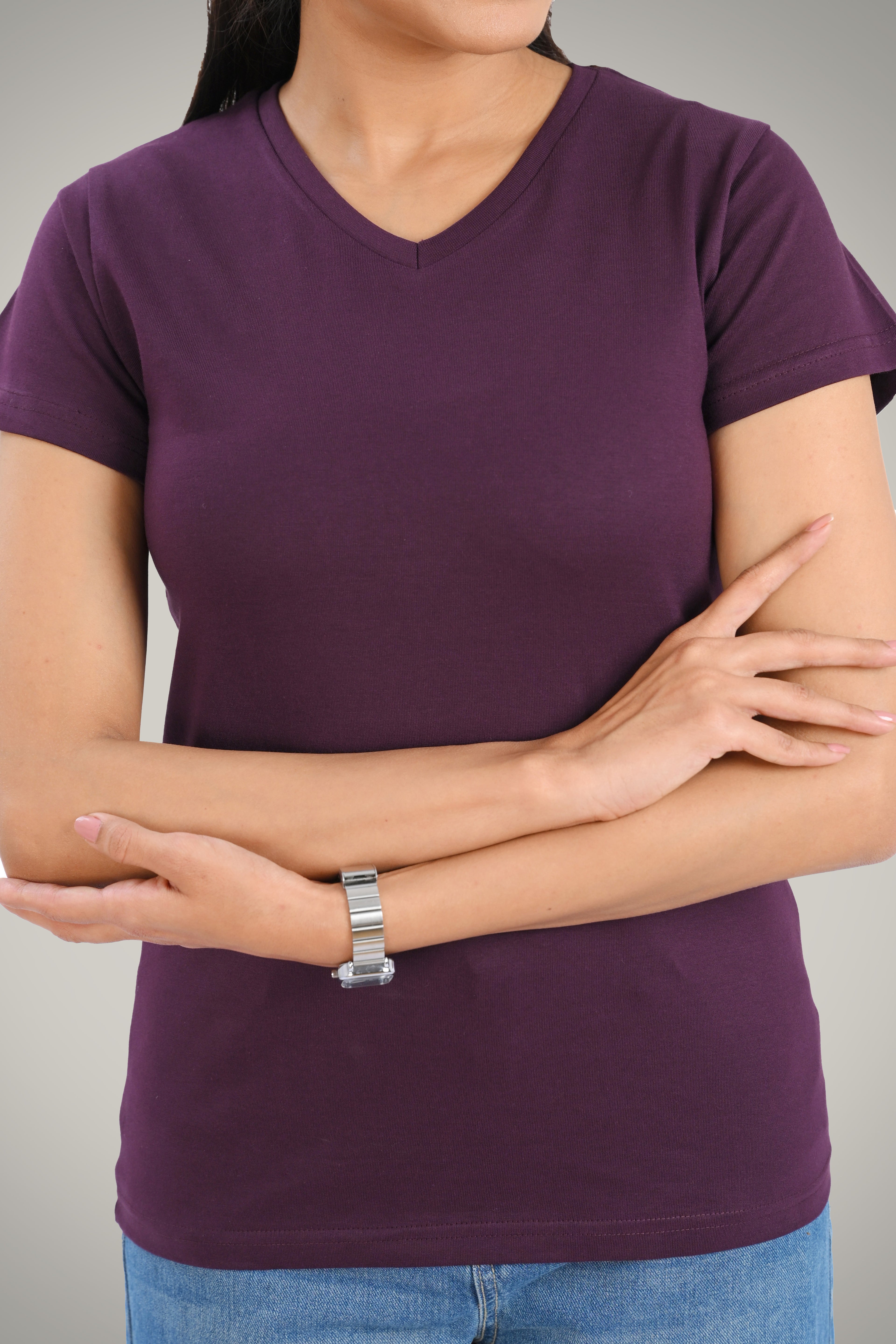 Dark Purple Cotton V Neck T-Shirt