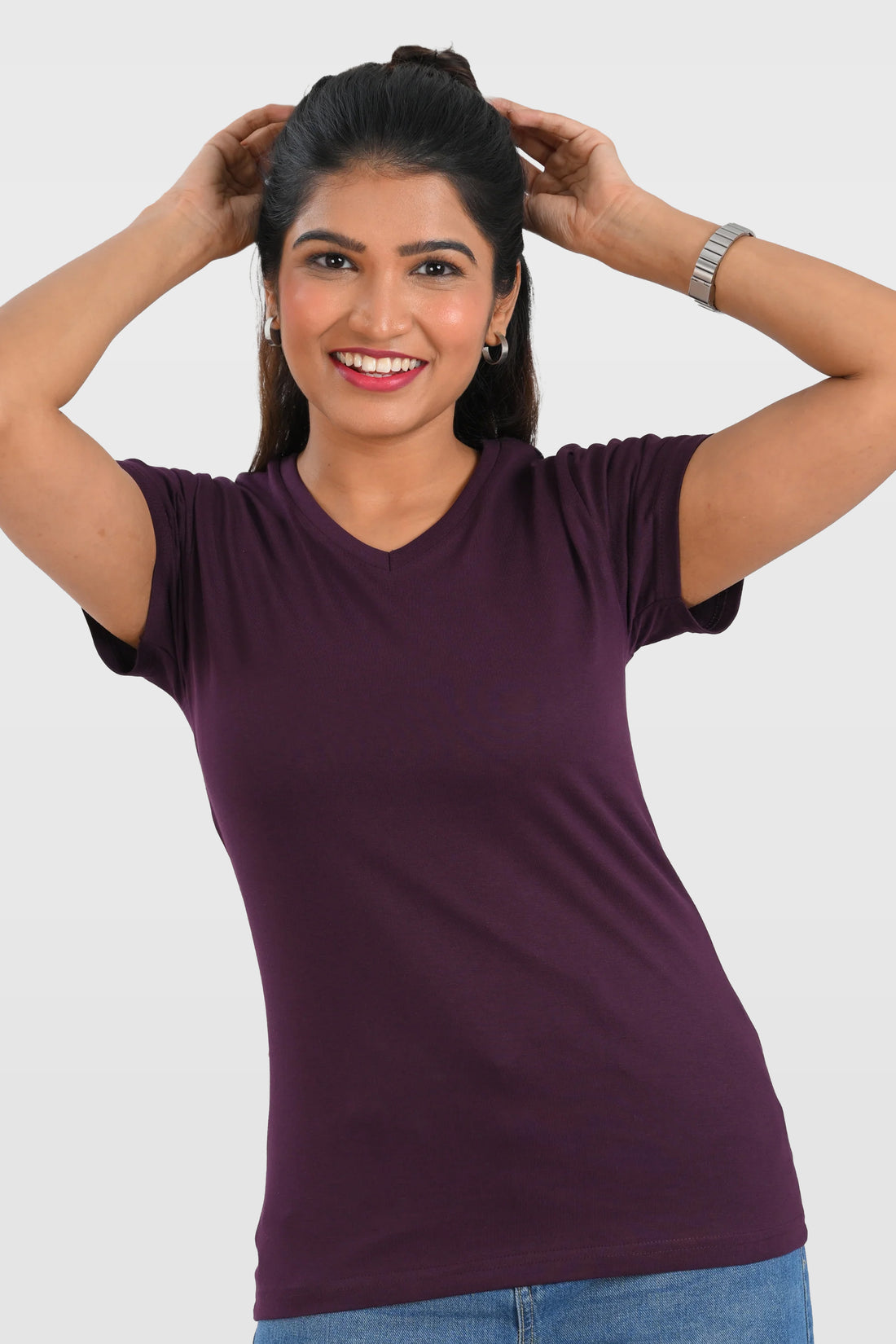 Dark Purple Cotton V Neck T-Shirt