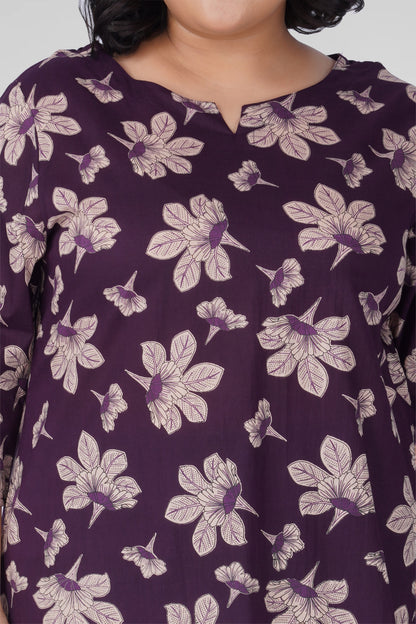 Dark Purple Plus Size Cotton Printed Kurti