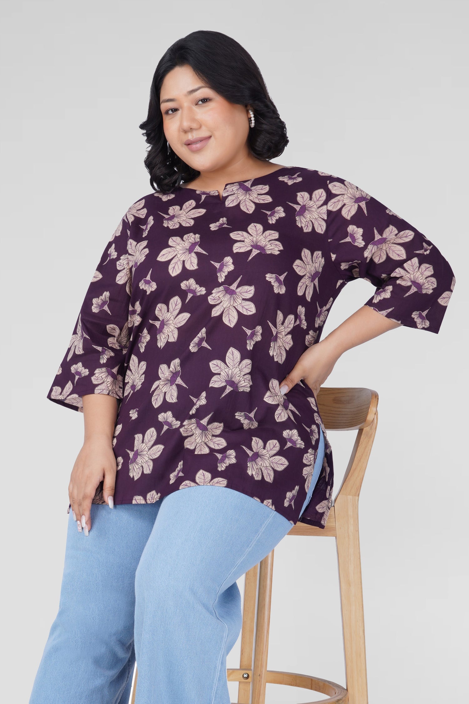 Dark Purple Plus Size Cotton Printed Kurti