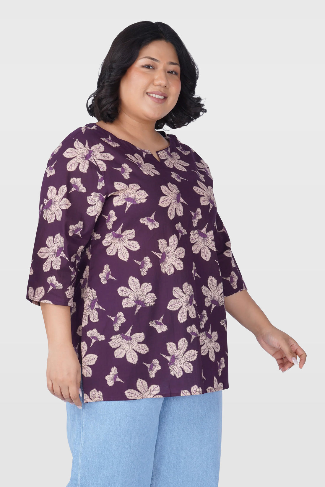 Dark Purple Plus Size Cotton Printed Kurti