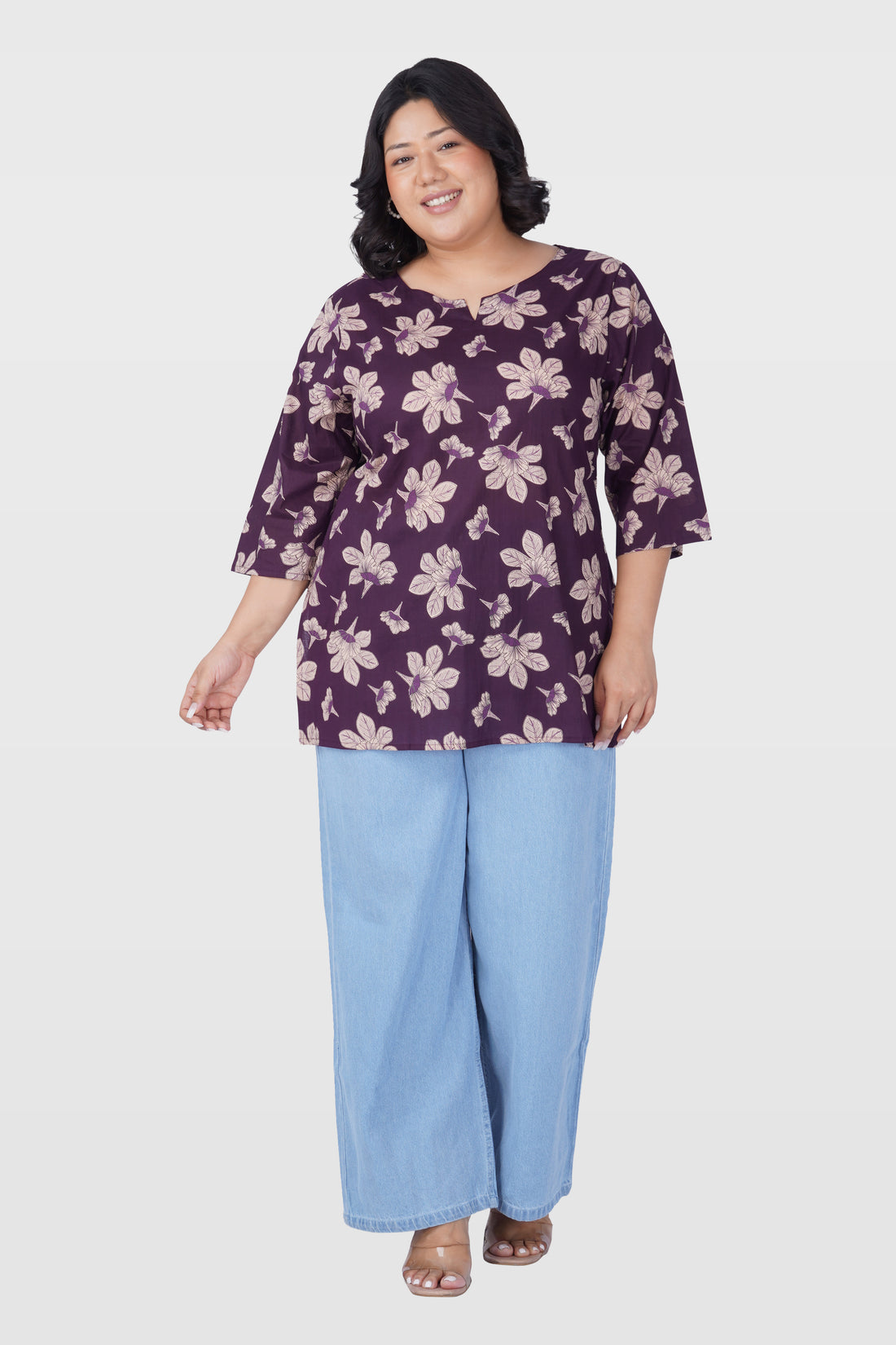 Dark Purple Plus Size Cotton Printed Kurti