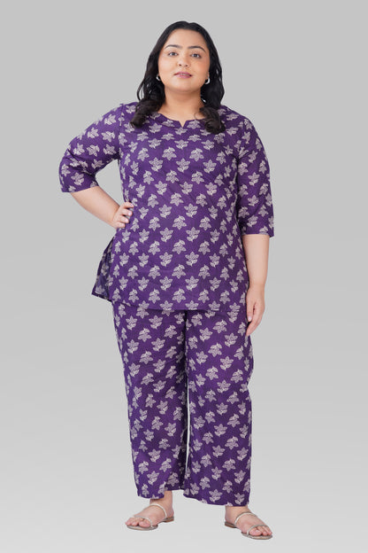 Dark Purple Plus Size Cotton Printed Pyjama Set