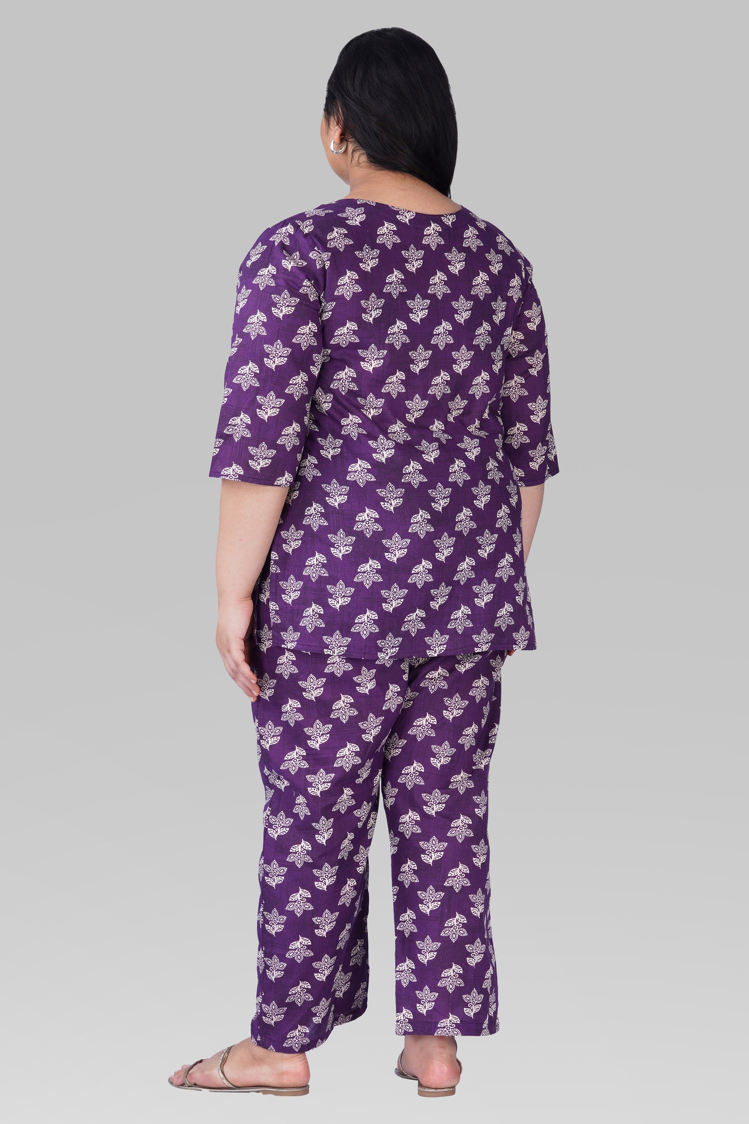 Dark Purple Plus Size Cotton Printed Pyjama Set