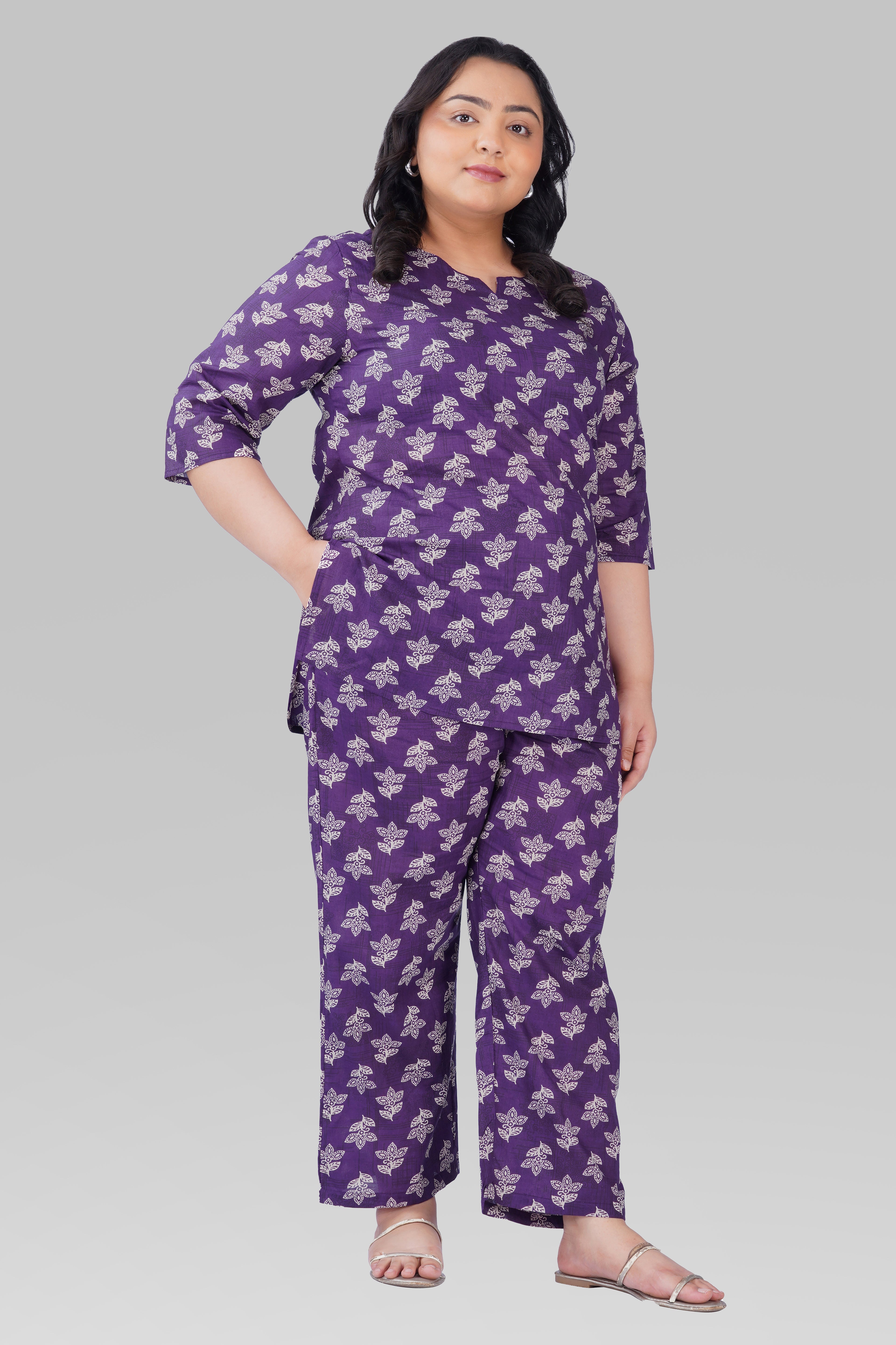 Dark Purple Plus Size Cotton Printed Pyjama Set