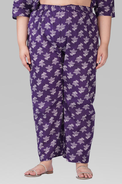 Dark Purple Plus Size Cotton Printed Pyjama Set