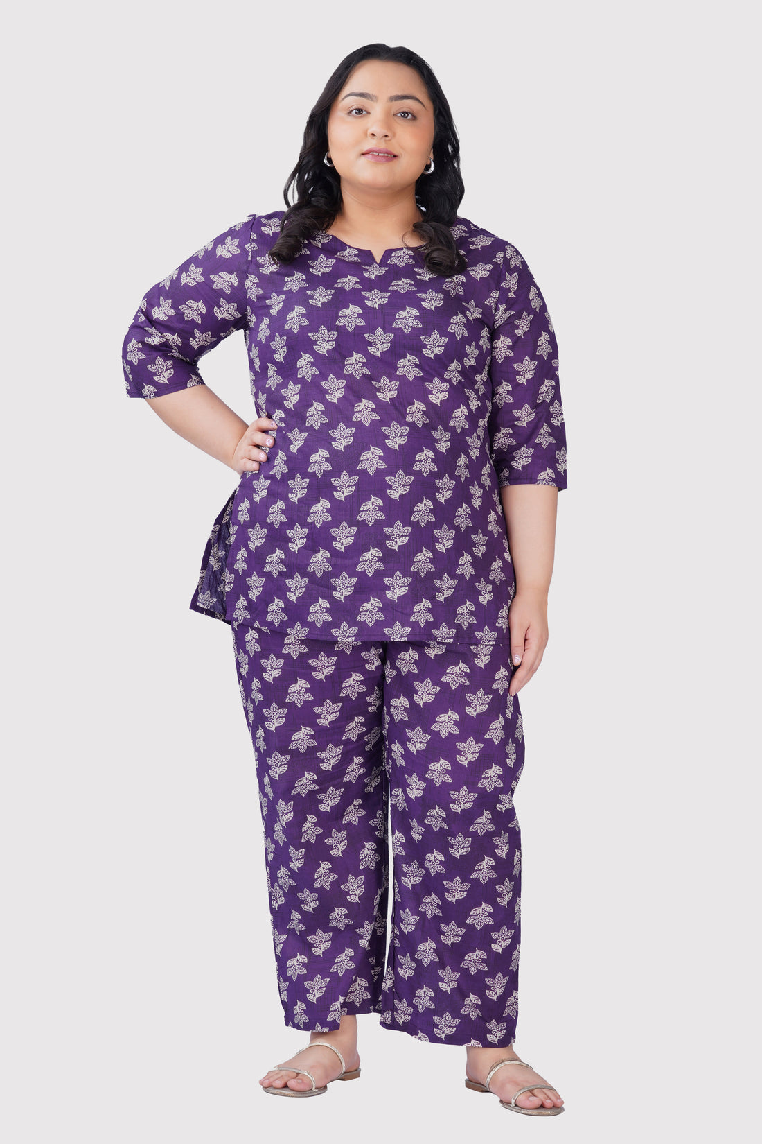 Dark Purple Plus Size Cotton Printed Pyjama Set