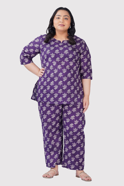 Dark Purple Plus Size Cotton Printed Pyjama Set