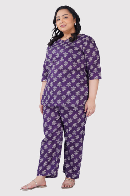 Dark Purple Plus Size Cotton Printed Pyjama Set