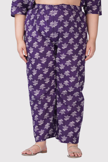 Dark Purple Plus Size Cotton Printed Pyjama Set
