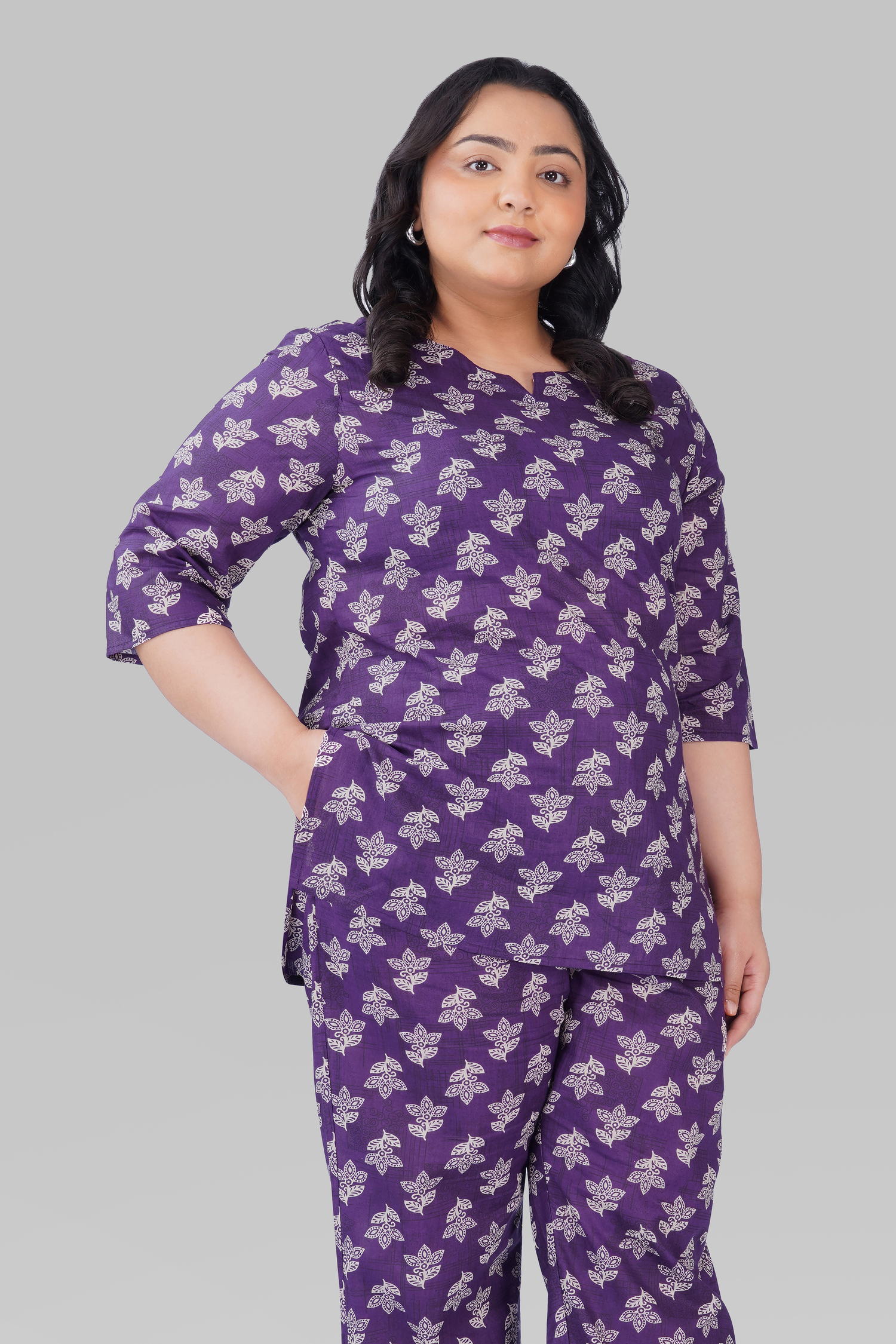 Dark Purple Plus Size Cotton Printed Pyjama Set