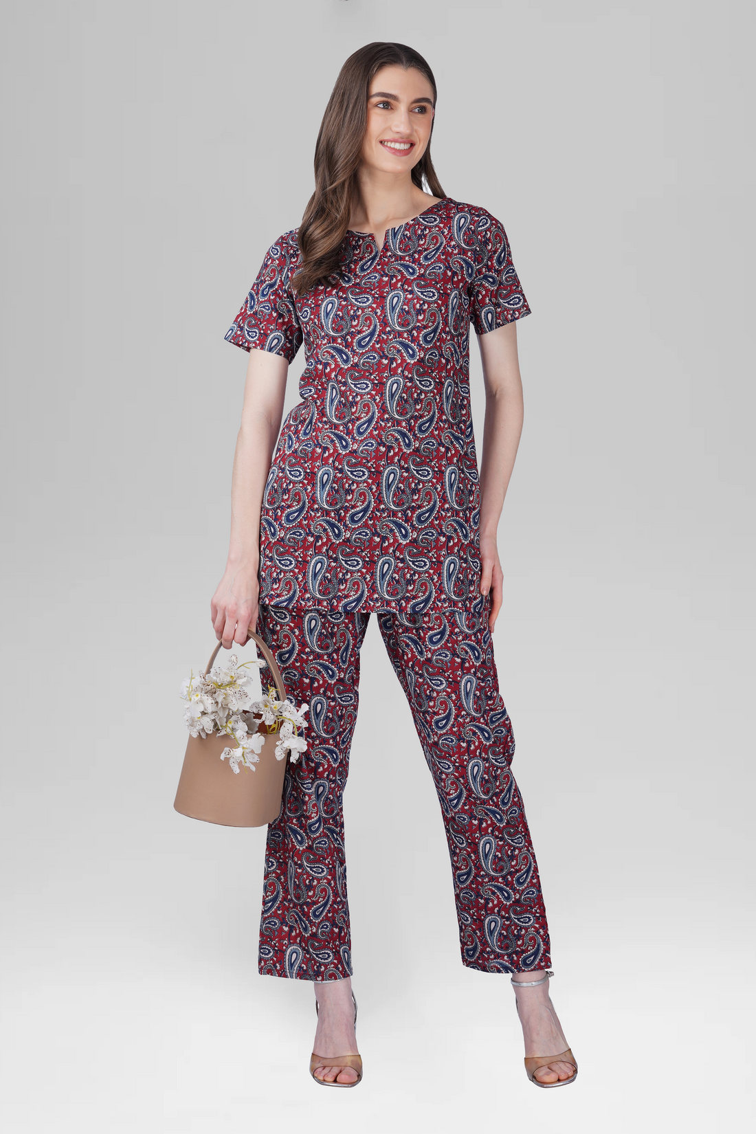 Dark Red Cotton Printed Pyjama Set