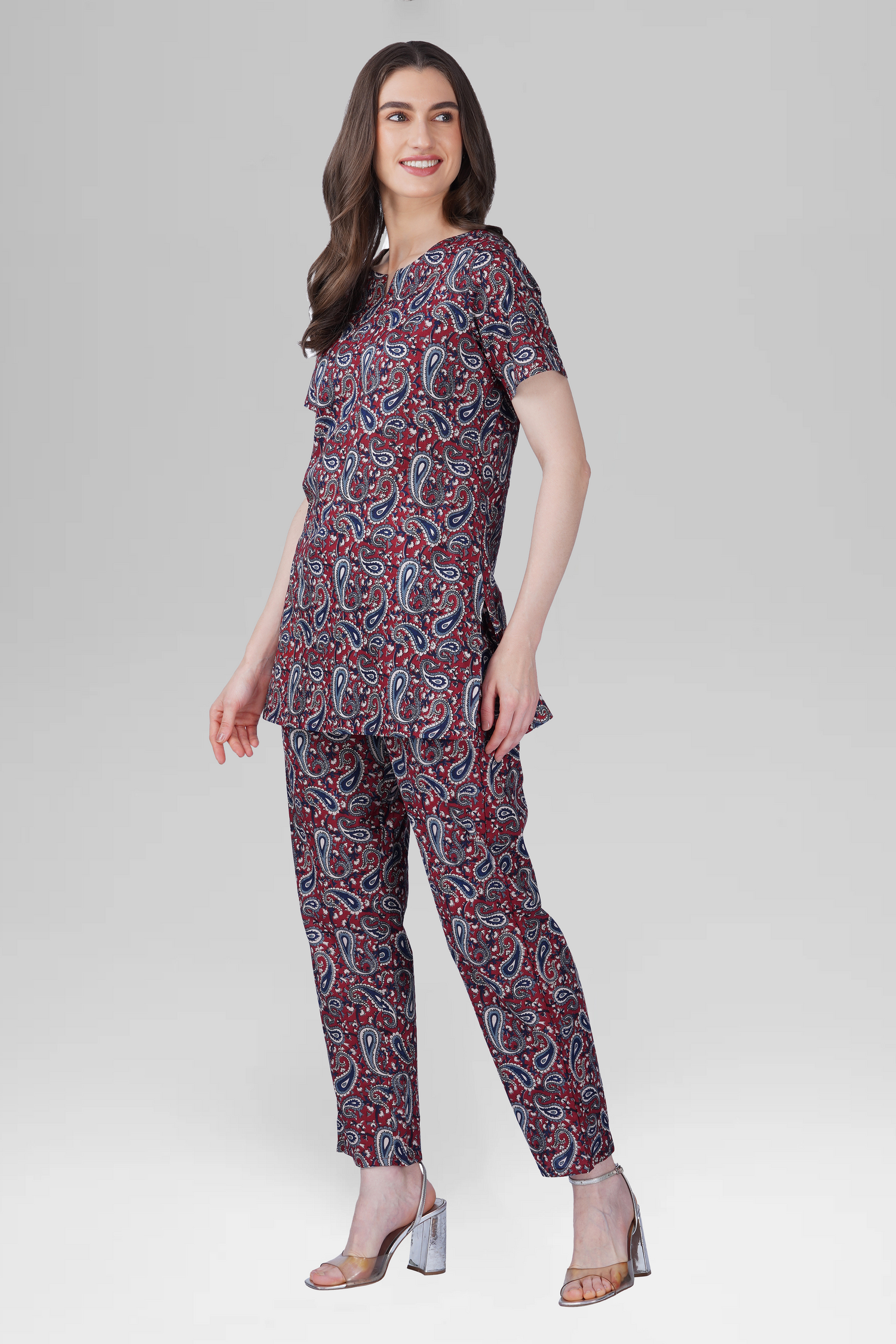 Dark Red Cotton Printed Pyjama Set