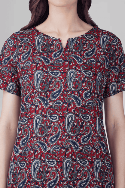 Dark Red Cotton Printed Pyjama Set