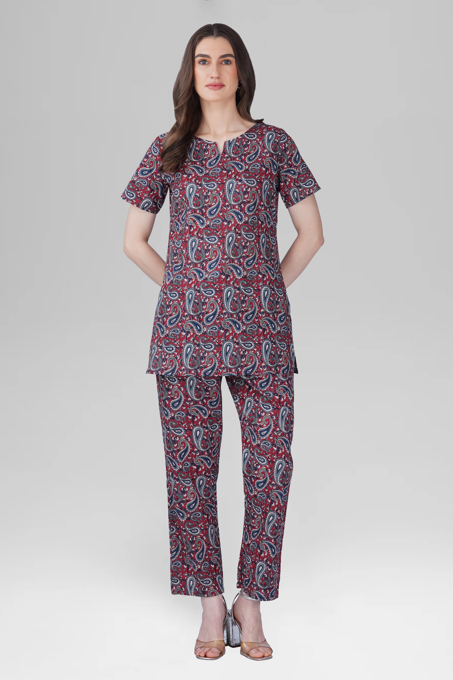 Dark Red Cotton Printed Pyjama Set