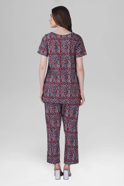 Dark Red Cotton Printed Pyjama Set