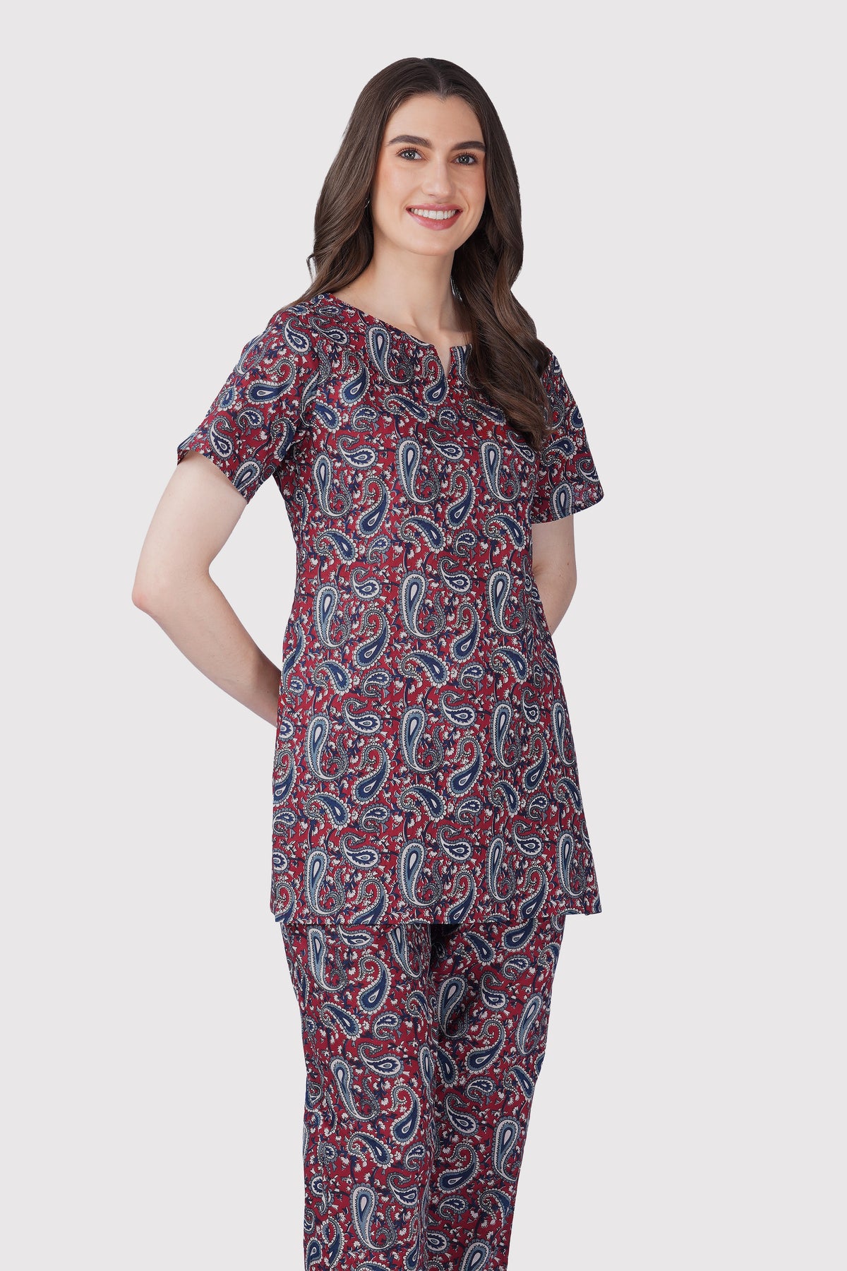 Dark Red Cotton Printed Pyjama Set